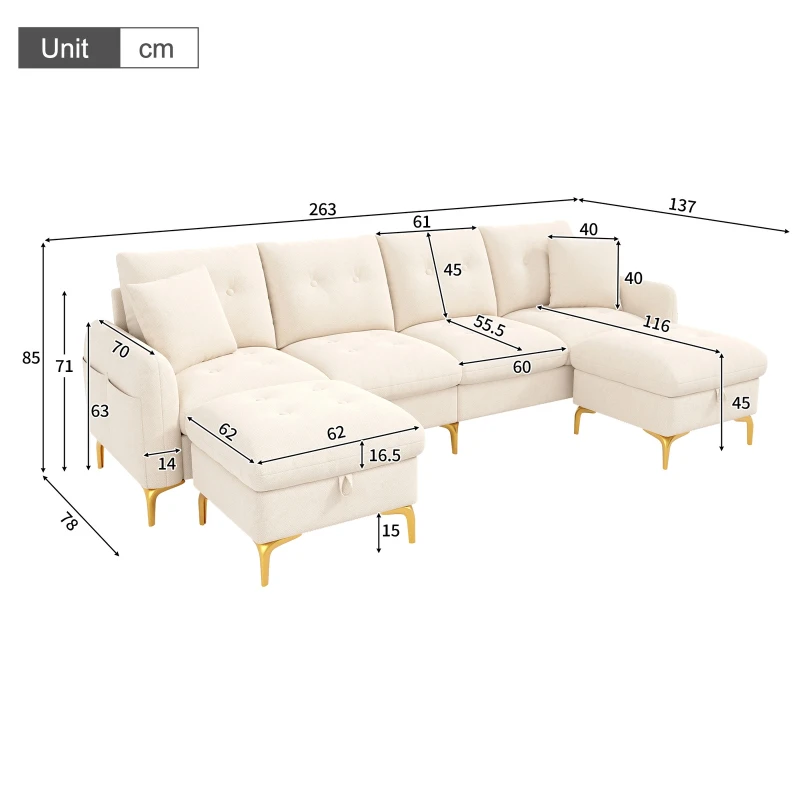 Modern U-Shaped Modular Sleeper Sofa with 2 Storage Ottomans, Soft Convertible Couch 2 Decorative Cushions, 263L x 137W x 85H cm, Beige