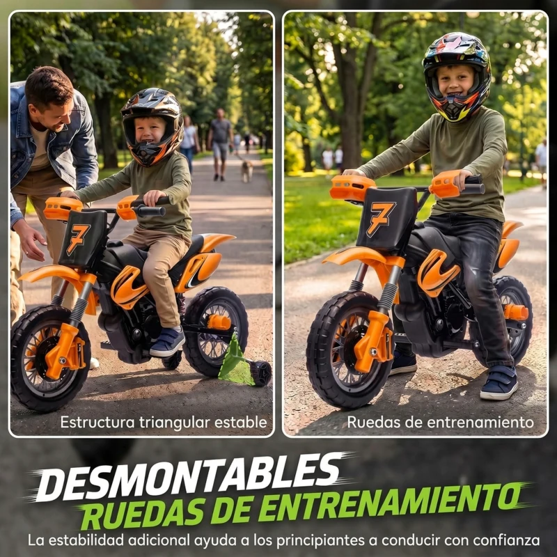 AIYAPLAY Moto Eléctrica Niños 12V 2 Ruedas Auxiliares Desmontables 2 Motores Suspensión Trasera 3 km/h 3-6 Años Naranja