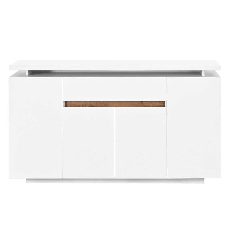 Modern LED Sideboard with 4 Doors and Large Drawer, Freestanding Buffet Cupboard for Living Room, 140L x 40W x 80H cm, White+Natural