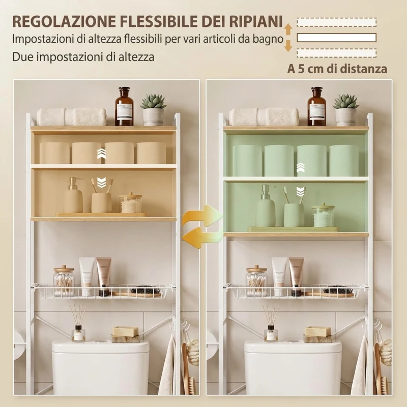 HOMCOM Mobile Sopra WC, Scaffale Salvaspazio 3 Ripiani, Rovere e Bianco