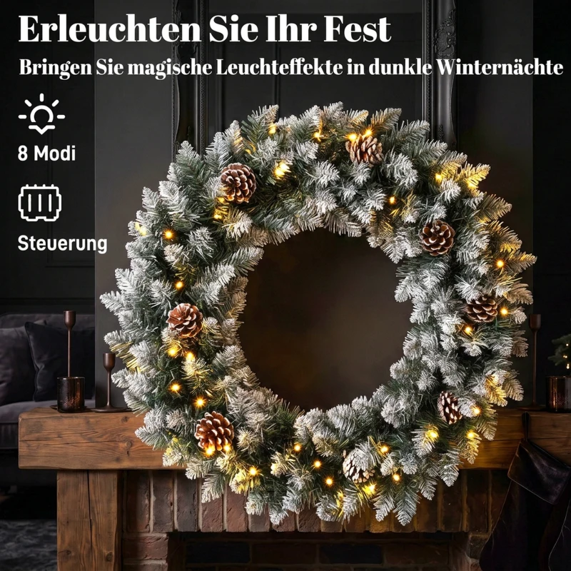 HOMCOM Verlichte kerstkrans 60 cm met 50 leds, dennenappels en sneeuwlook voor kerst en voordeur