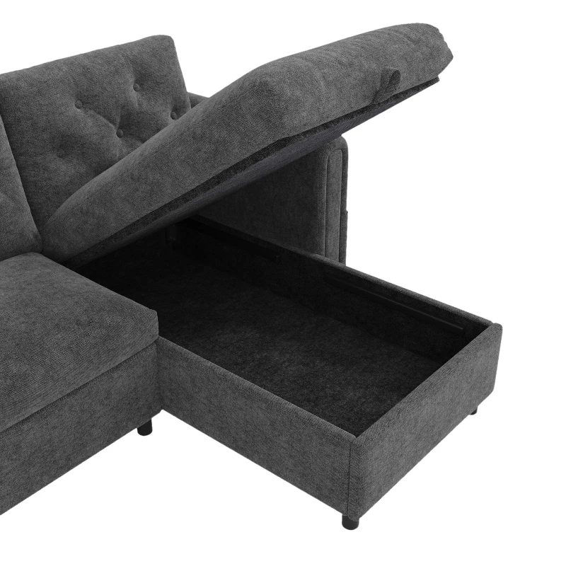 Modern Velvet L-Shaped Sectional Sofa with Reversible Storage Chaise and Tufted Back, Soft Corner Couch for Living Room, 281L x 132W x 86H cm, Grey