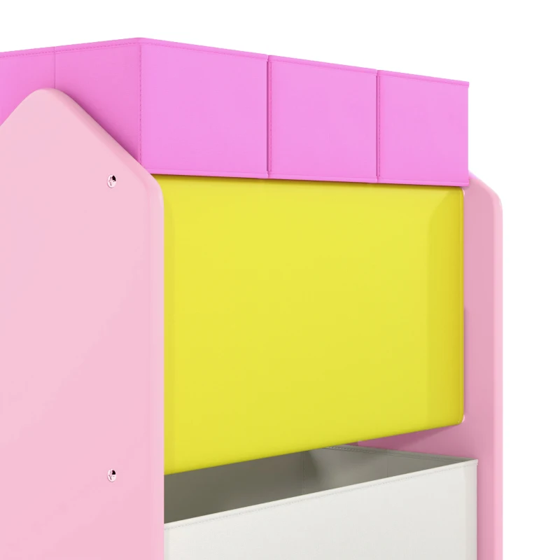 AIYAPLAY Toy Storage Organiser, 3-Tier Wooden Kids Toy Storage Rack with 6 Fabric Storage Bins for Bedroom, Kids Room, Pink