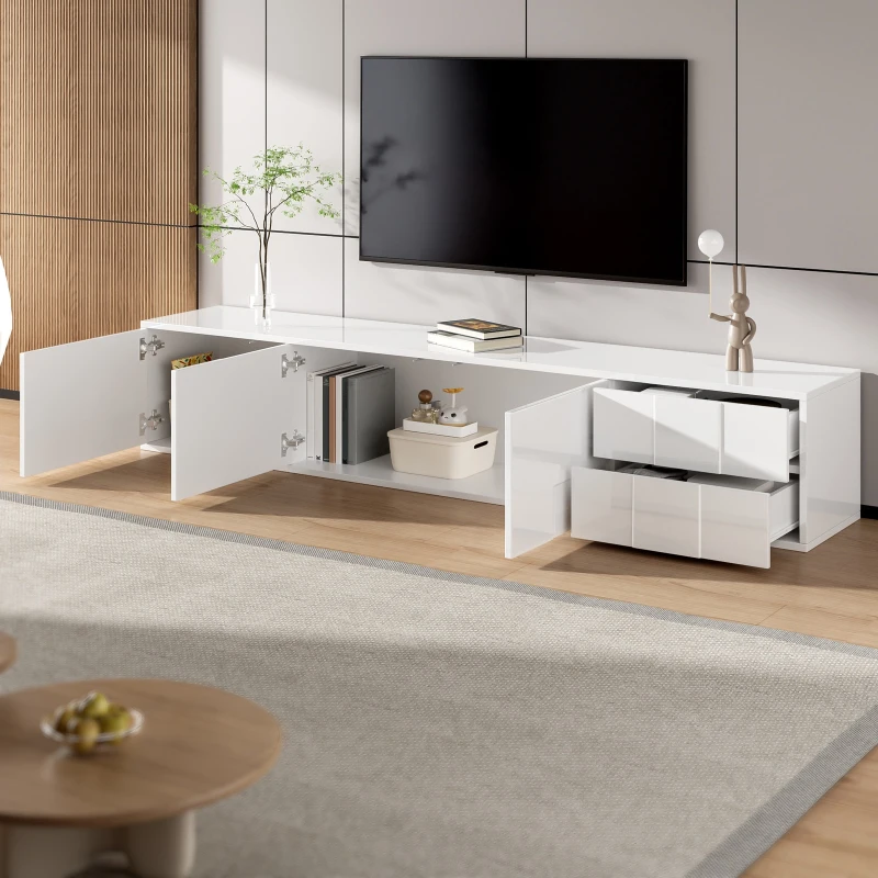 High-Gloss TV Lowboard with Handleless Fronts, 3 Doors and 2 Drawers, Storage Unit for Wall-Mount or Freestanding, 167L x 30W x 30H cm, White
