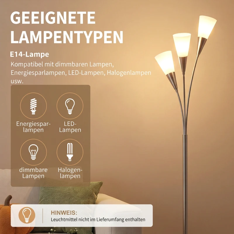 HOMCOM Stehlampe Wohnzimmer 40 W Stehleuchte mit Fußschalter, 3 x E14-Fassung für Schlafzimmer, Büro, Ohne Glühbirne, Silber