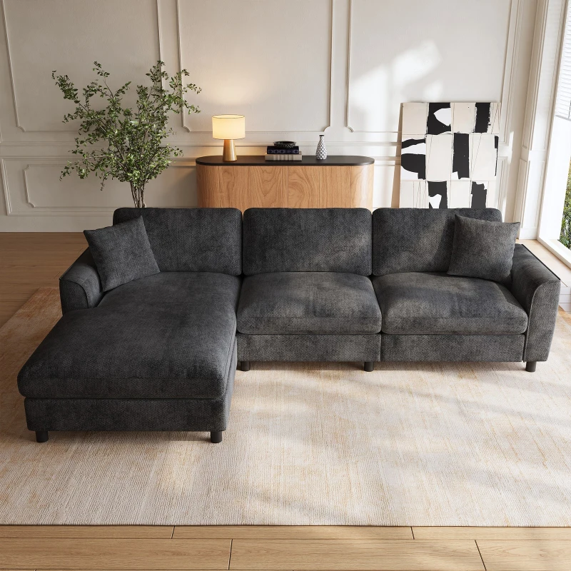 Modern L-Shaped Sectional Sofa with Reversible Chaise Lounge, Modular Corner Couch with Extra‑Wide Chaise Seat, 256L x 137W x 79H cm, Gray