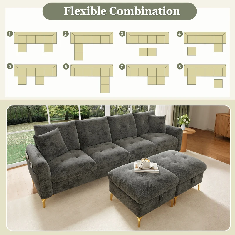 Modern U-Shaped Modular Sleeper Sofa with 2 Storage Ottomans, Soft Convertible Couch with 2 Decorative Cushions, 263L x 137W x 85H cm, Gray