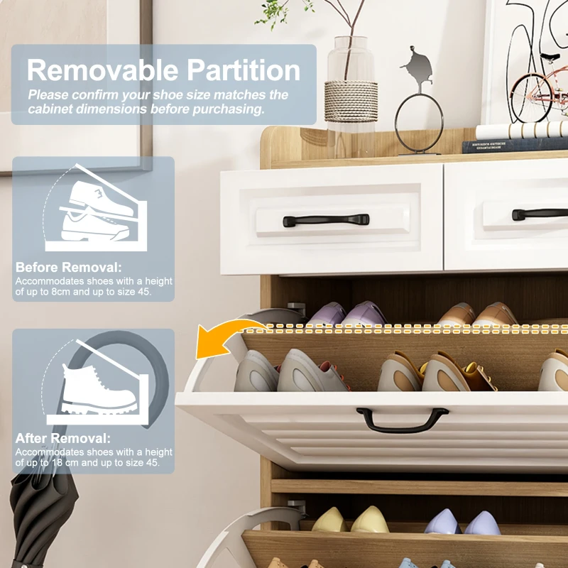 Modern Wooden Shoe Cabinet with 3 Flip Louvered Doors, Space-Saving Organiser Cupboard with 2 Drawers, 80L x 23.5W x 131H cm, White+Natural