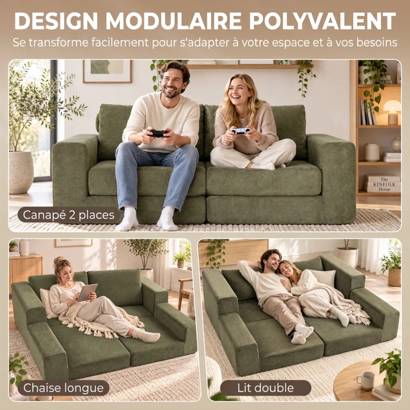 HOMCOM Canapé Convertible 2 Places 4 en 1, Canapé-Lit Compressé en Chenille 208 cm avec Assise Large, 2 Oreillers, Vert