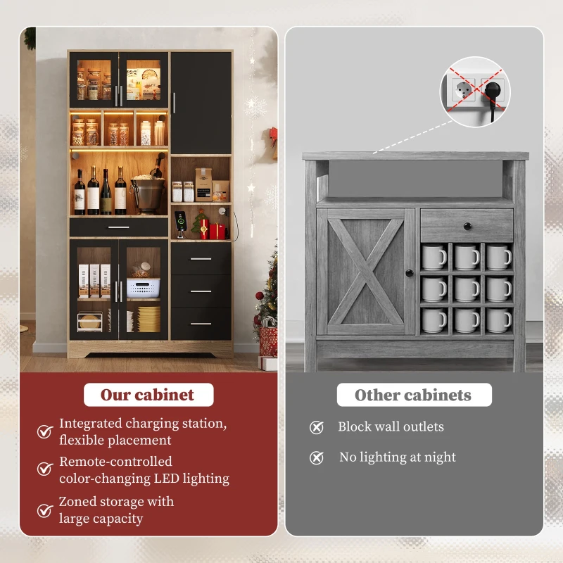 Tall Kitchen Pantry Cabinet with App-Controlled LED Lights, Freestanding Storage Cupboard with Power Outlets, 100L x 40W x 185H cm, Black+Natural