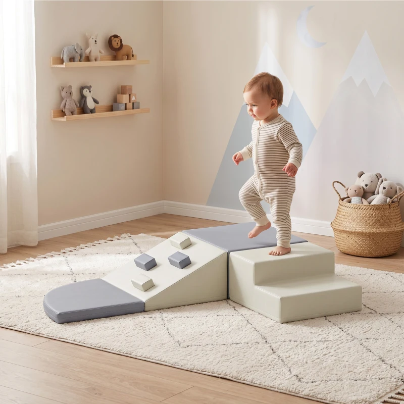 AIYAPLAY Juego de 4 Bloques de Espuma para Niños de Psicomotricidad Tapizados en PU Escalar y Gatear 1-3 Años Gris Claro y Beige