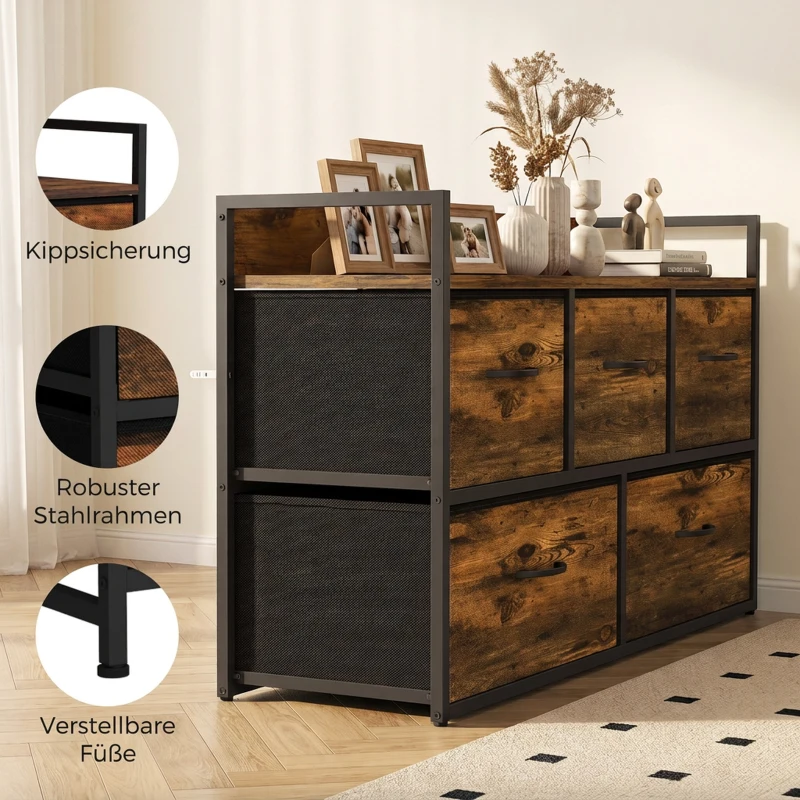 HOMCOM Kommode mit faltbaren Stoffschubladen, Melaminholz, Stahlrahmen, Braun