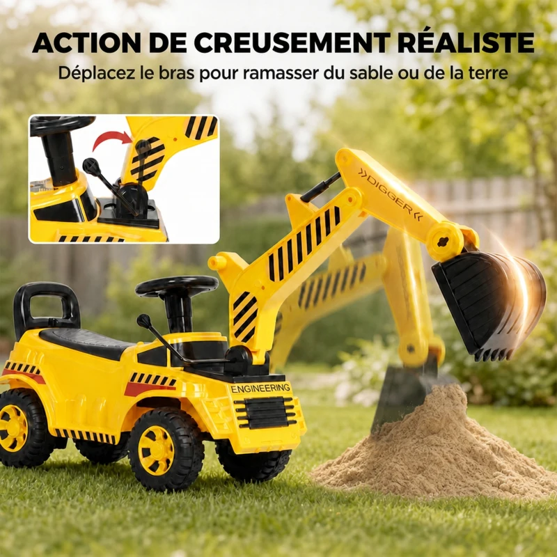 AIYAPLAY Tractopelle Enfant, Porteur Pelleteuse avec Casque de Sécurité, Klaxon et Bras d'Excavation Amovible, 1 à 4 Ans, Jaune