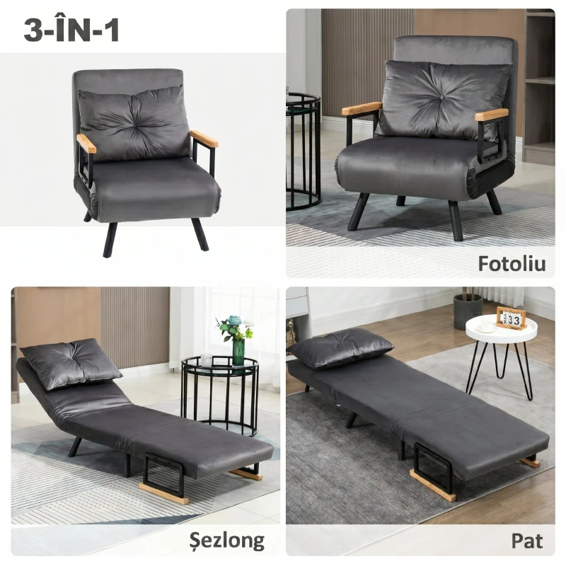 HOMCOM Fotoliu Pat 3 în 1 cu Spătar Rabatabil în 5 poziții și Pernă, 63x73x81 cm, Gri Închis(m-4)