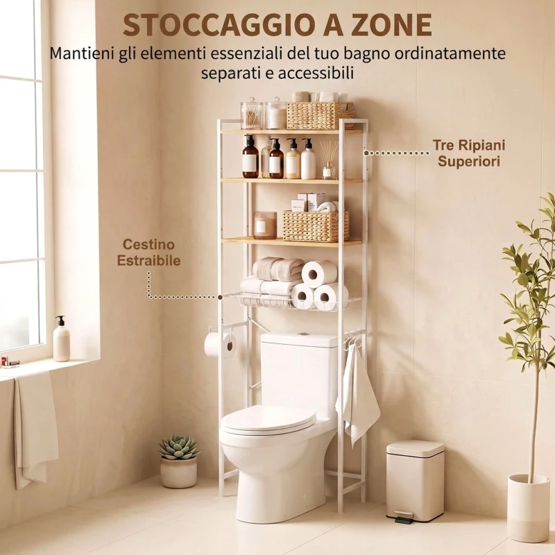 HOMCOM Mobile Sopra WC, Scaffale Salvaspazio 3 Ripiani, Rovere e Bianco