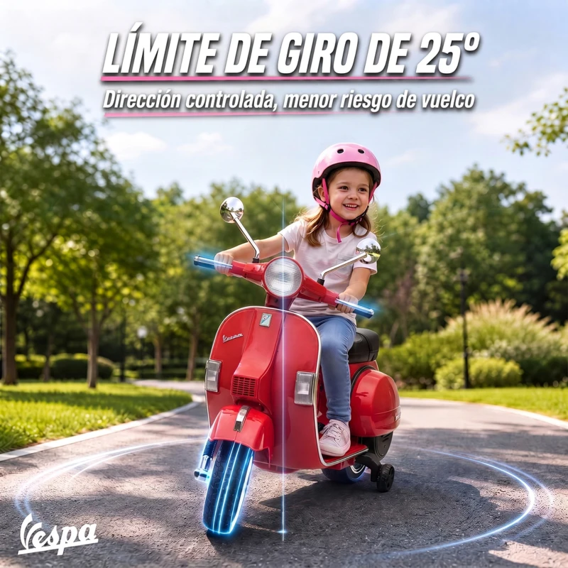 AIYAPLAY Moto Eléctrica Niños 12V Vespa PX150 Ruedas Auxiliares 2 Motores Suspensión Trasera Música Faros 3 km/h 3-6 Años Rojo