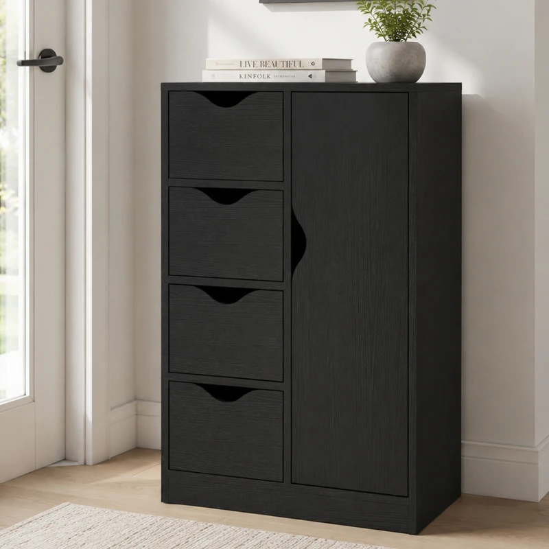 HOMCOM Dulap de Baie cu 4 Sertare, Dulap cu 2 Niveluri și Mânere Decupate, din Lemn, 54x29x83 cm, Negru