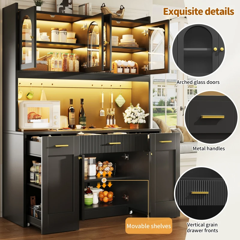 Kitchen Cabinet with App-Controlled RGB LED and Glass Display, Storage Cabinet with Roll-Out Shelves and Drawers, 120L x 40W x 187H cm, Black