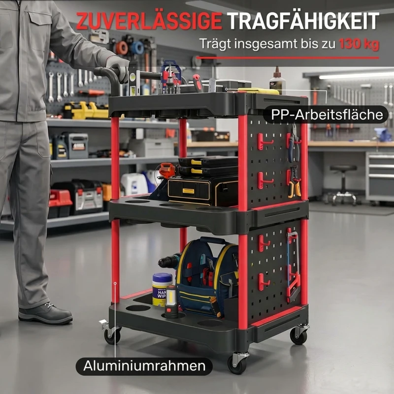 HOMCOM Wózek narzędziowy z 3 poziomami, ścianką perforowaną i haczykami, mobilny wózek warsztatowy z hamulcami, czarny/czerwony