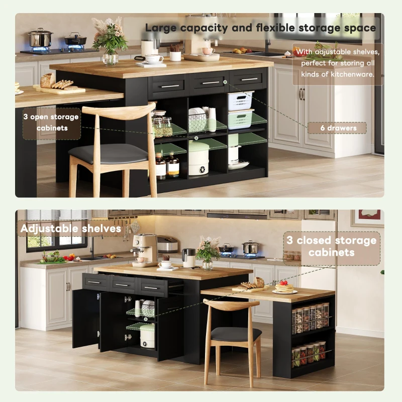 Modern Kitchen Island with Hidden Extendable Dining Table, Mobile Breakfast Bar with Marble-Effect Worktop, 150L x 90W x 90H cm, Black+Natural