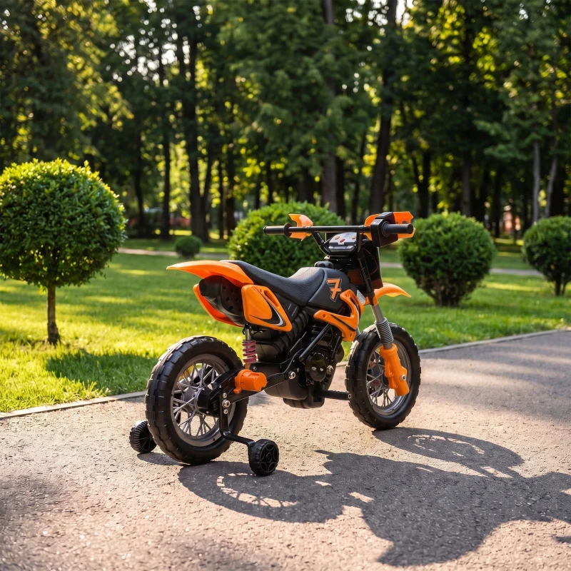 AIYAPLAY Moto Eléctrica Niños 12V 2 Ruedas Auxiliares Desmontables 2 Motores Suspensión Trasera 3 km/h 3-6 Años Naranja