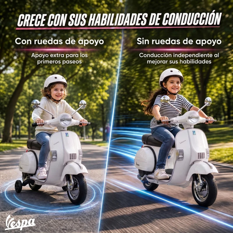 AIYAPLAY Moto Eléctrica Niños 12V Vespa PX150 Ruedas Auxiliares 2 Motores Suspensión Trasera Música Faros 3 km/h 3-6 Años Blanco