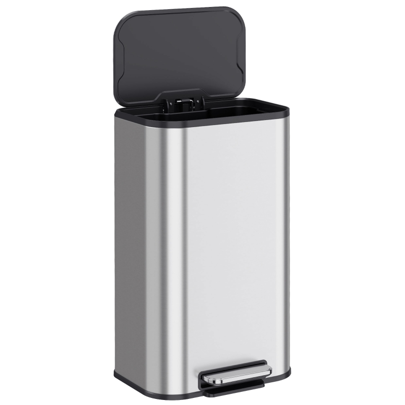 HOMCOM 30L Küchenmülleimer, Treteimer aus Edelstahl mit Soft-Close- und Offenhaltefunktion, herausnehmbarer Inneneimer, Silber