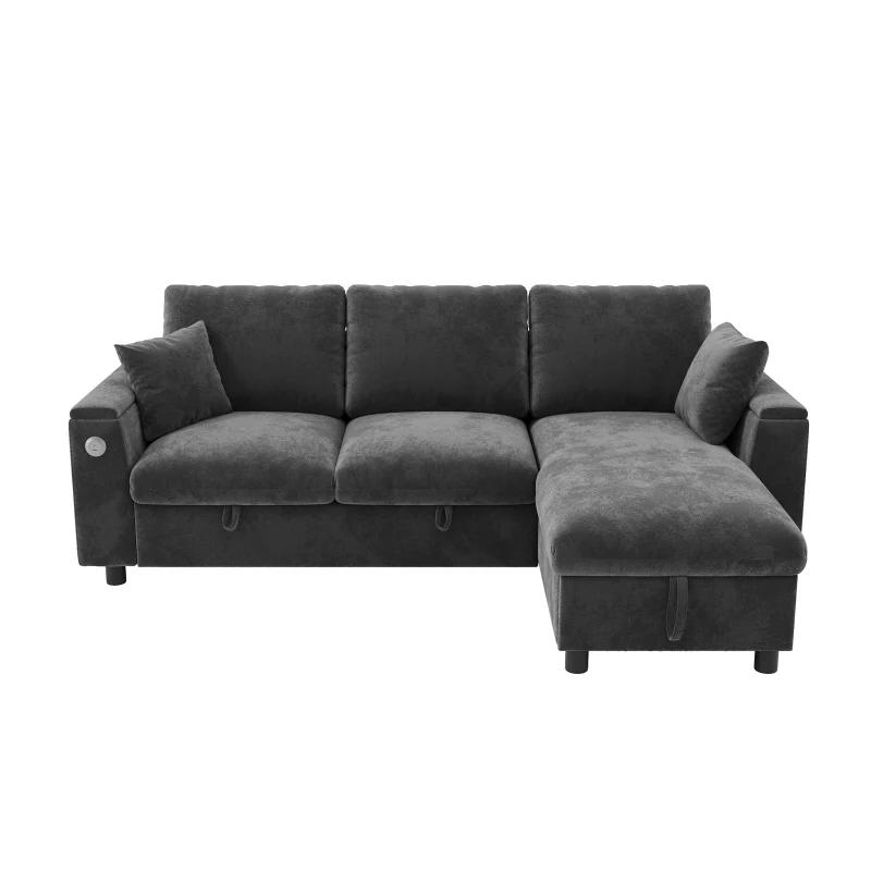 L-Shaped Sofa Bed with USB/USB-C Ports and Pull-Out Sleeper, Soft Reversible Corner Couch with Hidden Chaise Storage, 200L x 137W x 85H cm, Grey