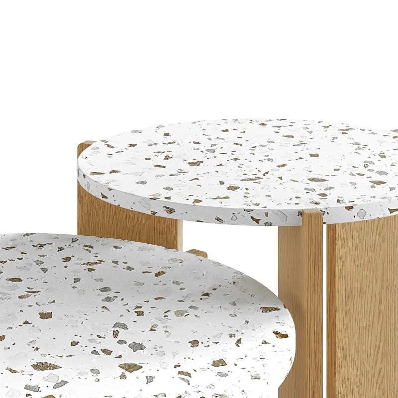 Modern 2-Piece Nesting Coffee Table Set with Patterned Tabletops, Side Tables for Living Room, 70L x 70W x 35H cm, White and Wood