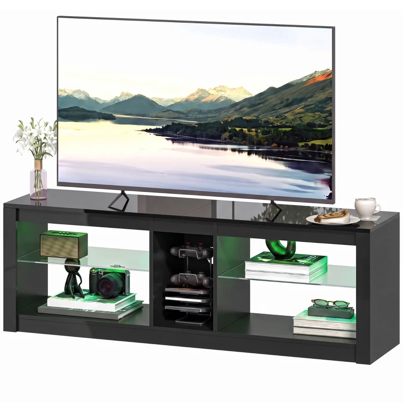 HOMCOM TV Stand Cabinet with LED Lights and Remote Control for TVs up to 65", Entertainment Centre with Storage Shelves, Black