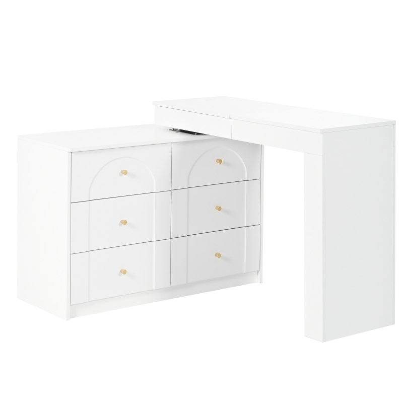 Modern L-Shaped Vanity Desk with 7 Storage Drawers, Adjustable Makeup Table Dressing Console with LED Flip Mirror, 200L x 40W x 80H cm, White
