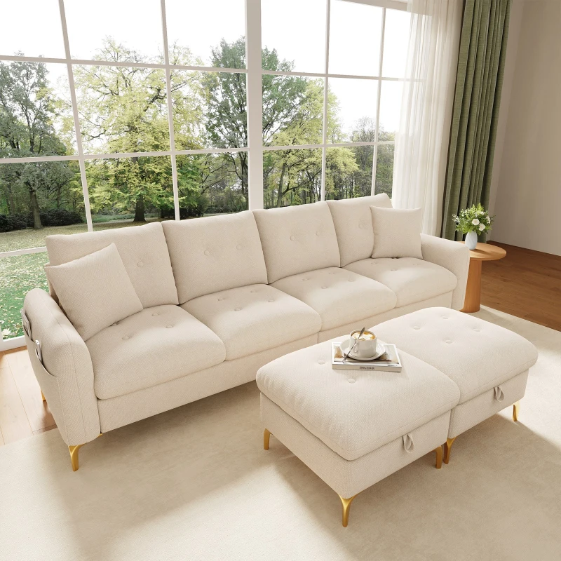 Modern U-Shaped Modular Sleeper Sofa with 2 Storage Ottomans, Soft Convertible Couch 2 Decorative Cushions, 263L x 137W x 85H cm, Beige