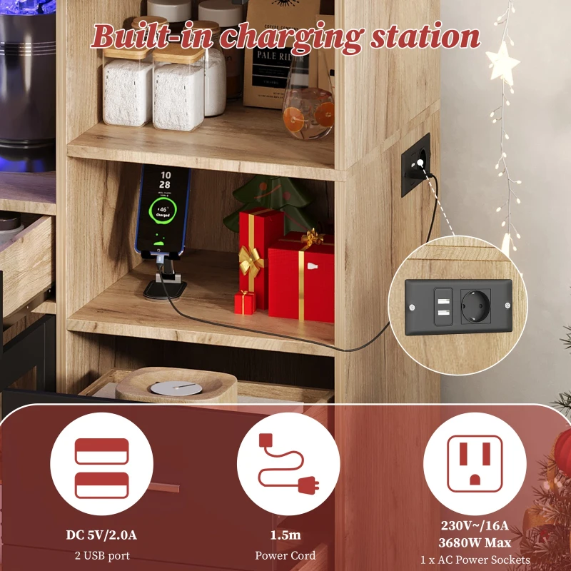 Tall Kitchen Pantry Cabinet with App-Controlled LED Lights, Freestanding Storage Cupboard with Power Outlets, 100L x 40W x 185H cm, Black+Natural