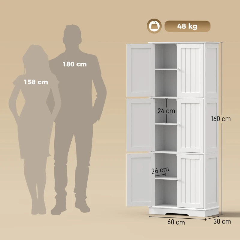 HOMCOM Armário Alto para Casa de Banho com 3 Armários de Porta Dupla e Prateleiras Ajustáveis 60x30x160 cm Branco