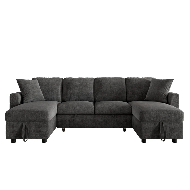 Modern U-Shaped Sectional Sofa with 2 Storage Chaise Lounges, Convertible Sleeper Couch with 2 Square Cushions, 260L x 128W x 82H cm, Gray