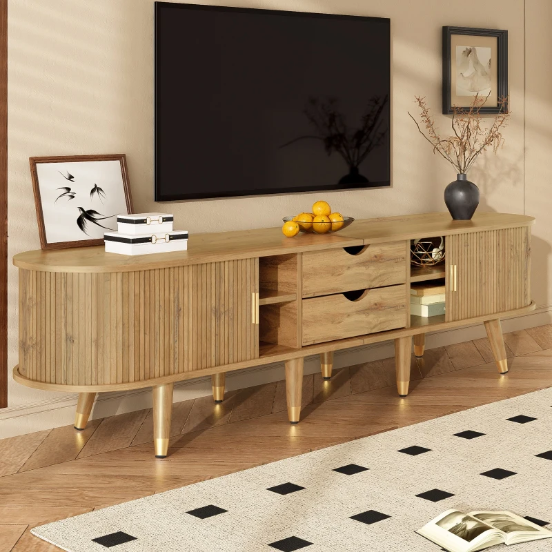Rustic TV Cabinet with Sliding Doors, Spacious Media Storage Unit for Living Room, 175L x 38W x 45H cm, Wood