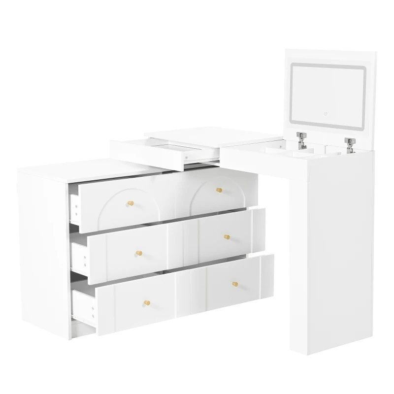 Modern L-Shaped Vanity Desk with 7 Storage Drawers, Adjustable Makeup Table Dressing Console with LED Flip Mirror, 200L x 40W x 80H cm, White