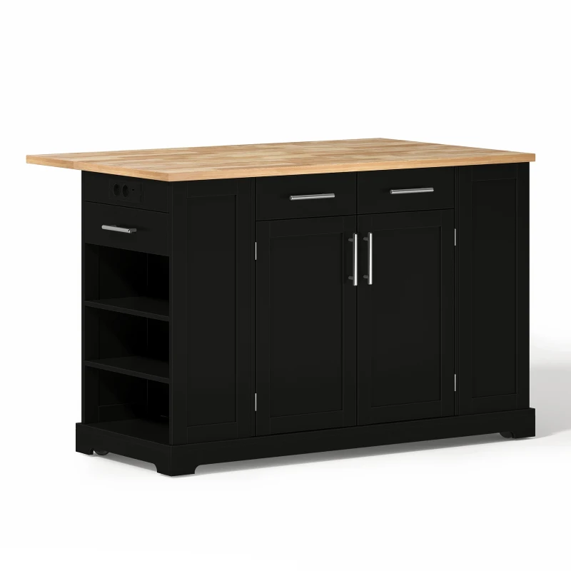 Modern Rolling Kitchen Island Trolley with Woodgrain Worktop, Mobile Storage Cart Unit with Pull-Out Bin Compartment, 138L x 86W x 92H cm, Black