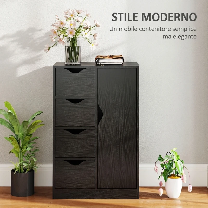 HOMCOM Mobile Bagno con 4 Cassetti, Armadietto a 2 Livelli e Maniglie Ritagliate, in Legno, 54x29x83 cm, Nero