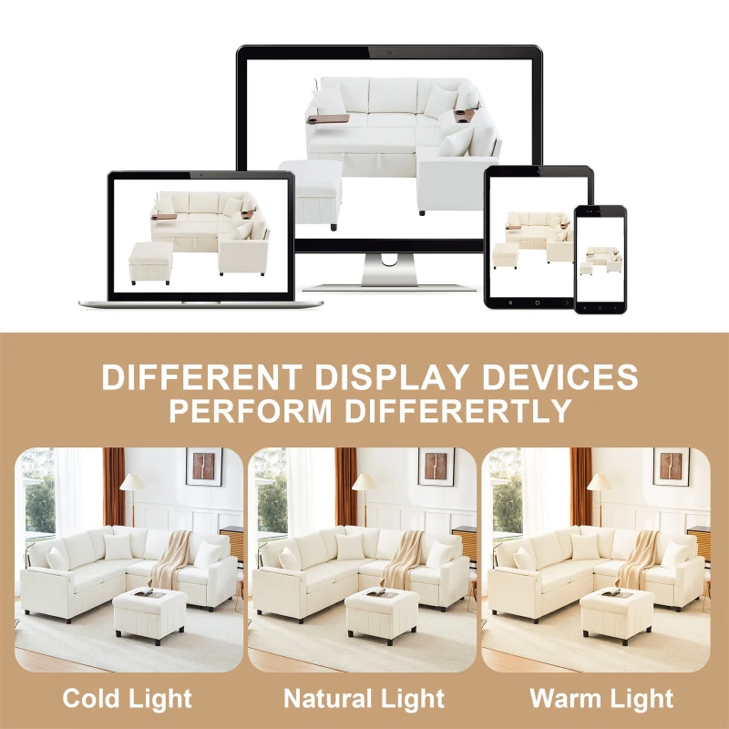 Modern Corner Sofa Bed with Reading Lamp and Fold-Out Cup Holder Table, Soft Pull-Out Sleeper Couch with Ottoman, 205L x 205W x 85H cm, Beige