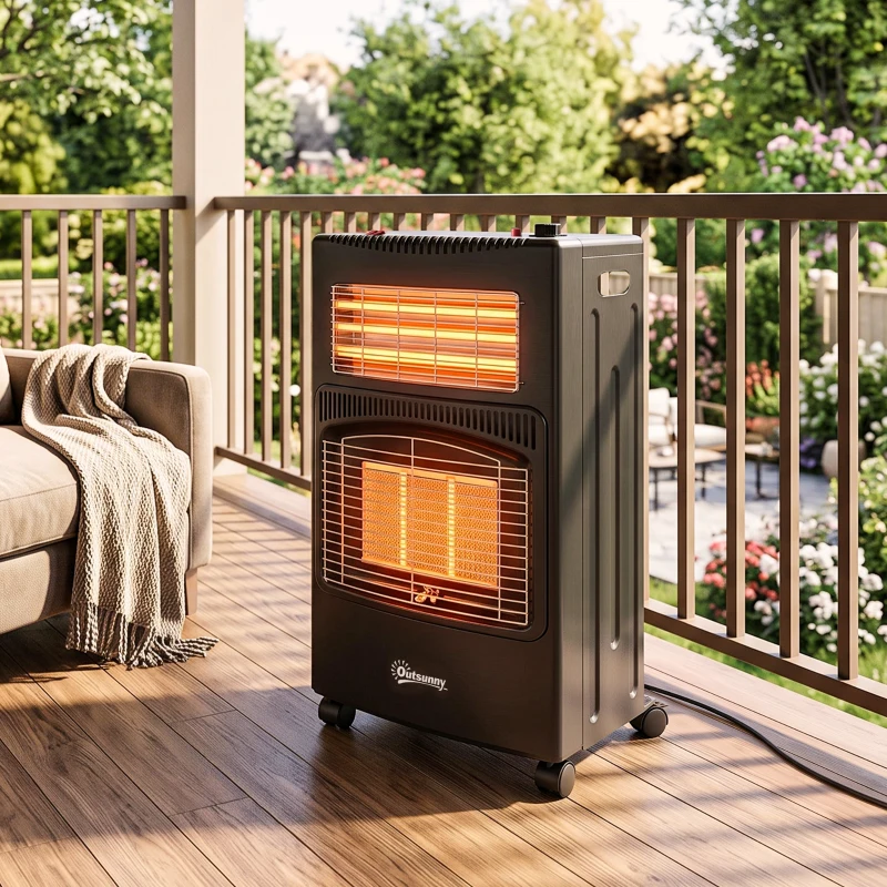 Outsunny Chauffage d'Appoint Gaz et Électrique 4200W/1200W Infrarouge Pliable 3 Niveaux 2 Freins Sécurité ODS 45x42x75cm Noir
