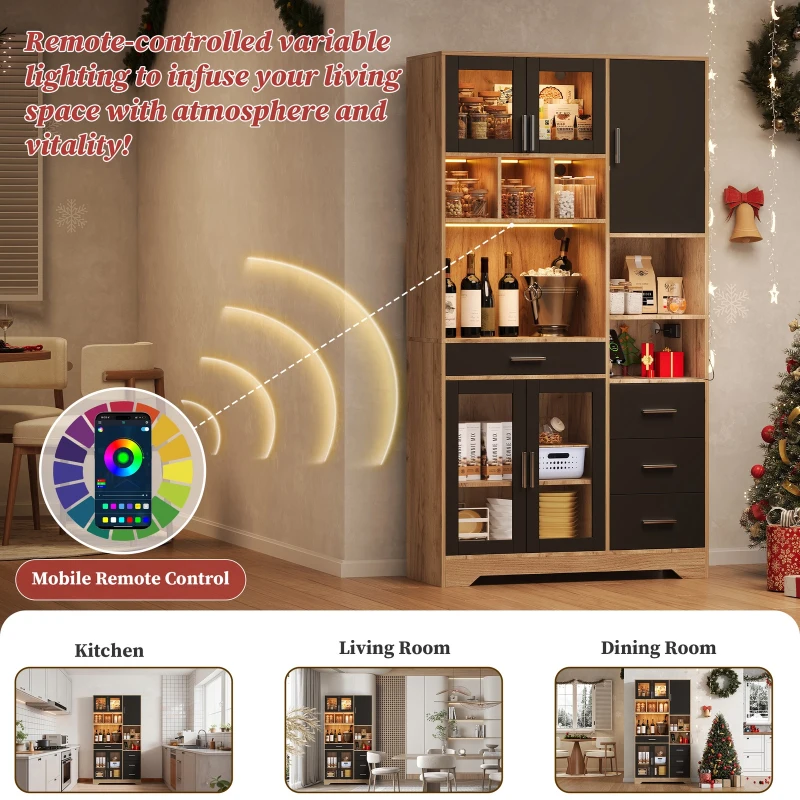 Tall Kitchen Pantry Cabinet with App-Controlled LED Lights, Freestanding Storage Cupboard with Power Outlets, 100L x 40W x 185H cm, Black+Natural