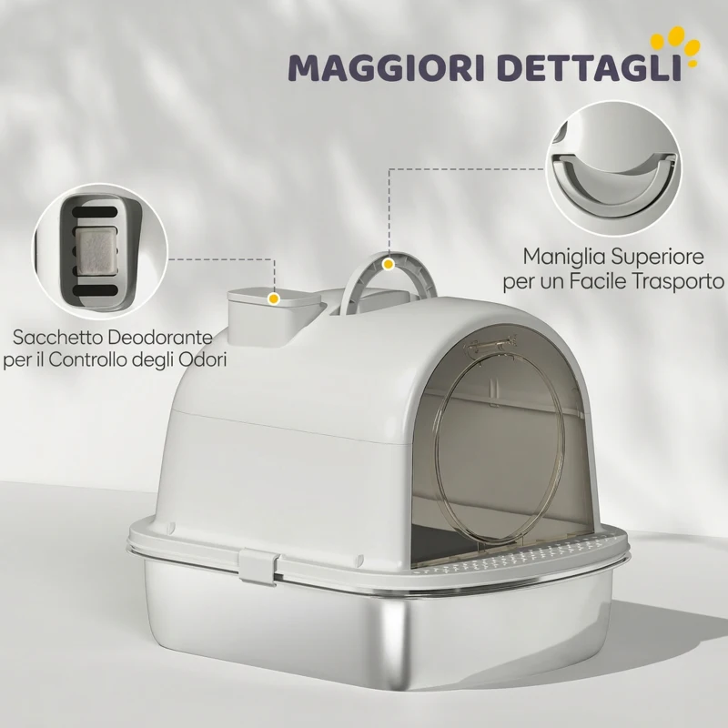 PawHut Lettiera Gatto Chiusa L in Acciaio Inox con Maniglia, Paletta, Pacchetto Deodorante, Antiperdita, Grigio