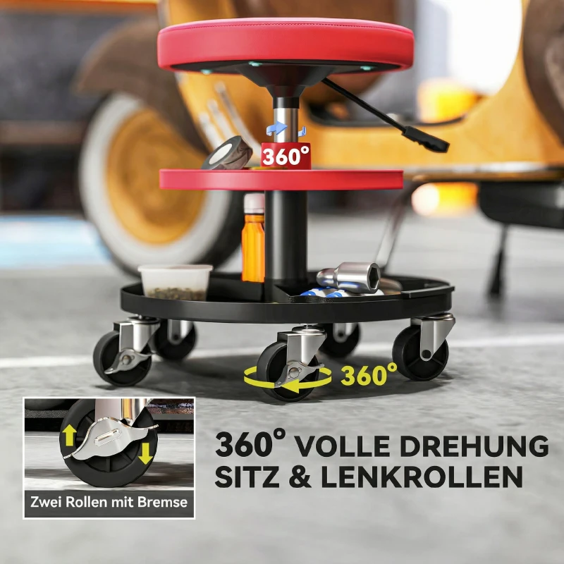 HOMCOM Werkstatthocker mit Rollen Tabletts höhenverstellbar 40-51cm Rollhocker bis 135 kg belastbar Rot