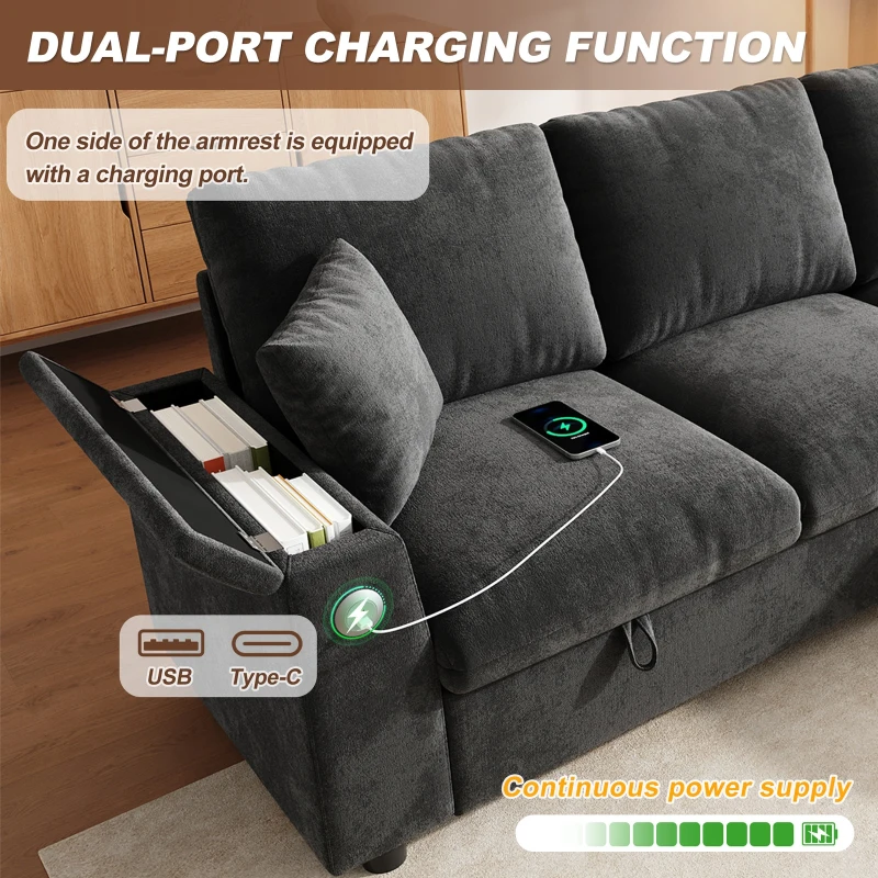 L-Shaped Sofa Bed with USB/USB-C Ports and Pull-Out Sleeper, Soft Reversible Corner Couch with Hidden Chaise Storage, 200L x 137W x 85H cm, Grey