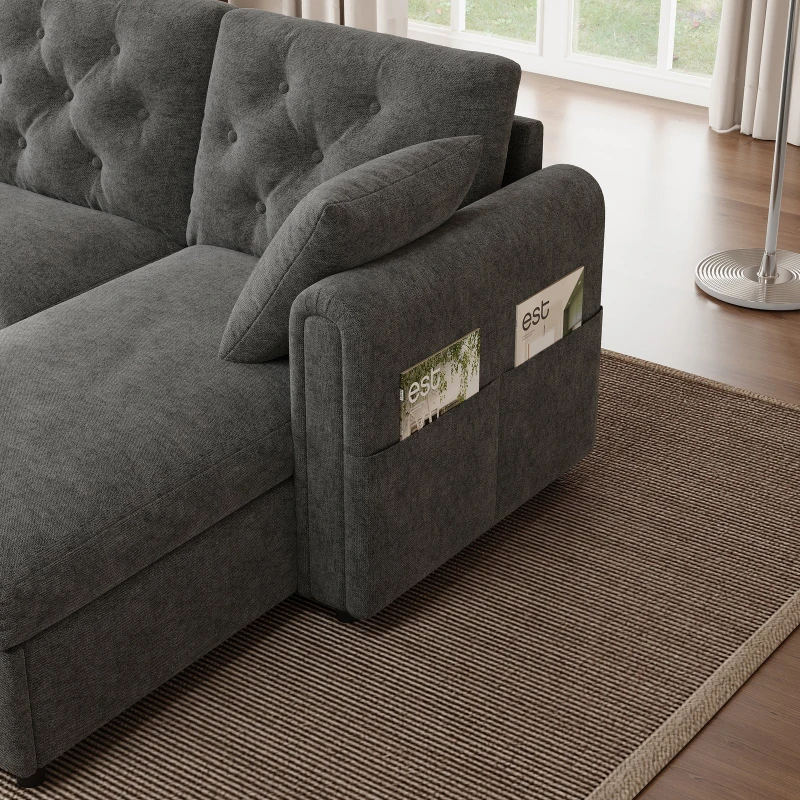 Modern Velvet L-Shaped Sectional Sofa with Reversible Storage Chaise and Tufted Back, Soft Corner Couch for Living Room, 281L x 132W x 86H cm, Grey