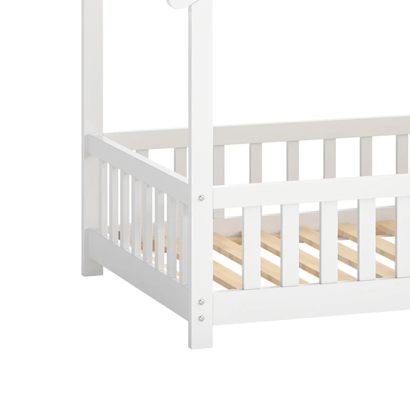 AIYAPLAY Wooden Kids House Single Bed Frame, Solid Pine Wood Toddler Bed with Dual Guardrails for Children, Boys, Girls, White
