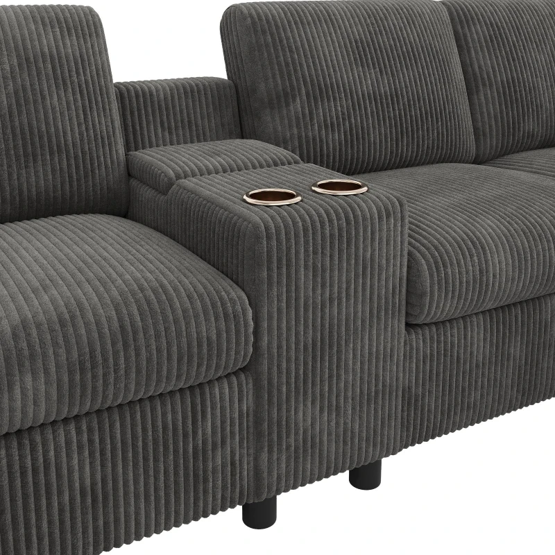 Modern Corduroy U-Shaped Sectional Sofa with 2 Movable Storage Ottomans, Soft Convertible Couch with 2 Type-C Charging Ports, 315L x 135W x 81H cm, Grey