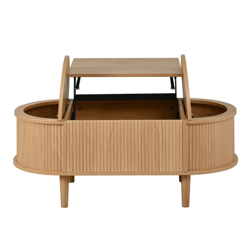 Oval Height-Adjustable Coffee Table with Flip-Top Storage, Vintage-Style Accent Table for Apartments, 100L x 48W x 53.5H cm, Walnut