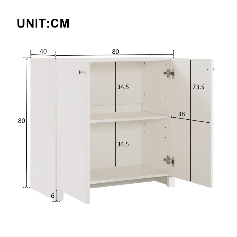 Modern Wooden Buffet Sideboard Storage Cabinet with 2 Doors, Freestanding Kitchen Cupboard with Adjustable Shelf, 80L x 40W x 80H cm, White